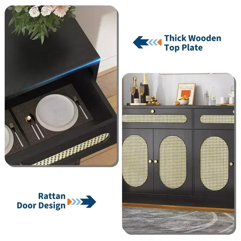 Buffet en rotin de 152 cm avec 2 tiroirs et 4 portes en rotin