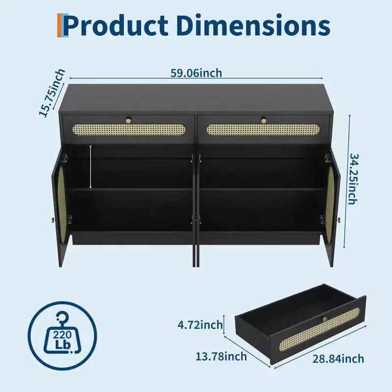 Buffet en rotin de 152 cm avec 2 tiroirs et 4 portes en rotin