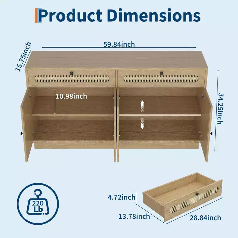 Buffet en rotin de 152 cm avec 2 tiroirs et 4 portes en rotin