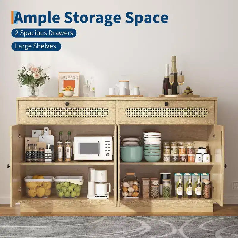 Buffet en rotin de 152 cm avec 2 tiroirs et 4 portes en rotin