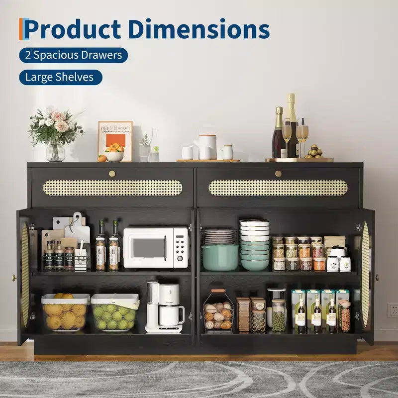 Buffet en rotin de 152 cm avec 2 tiroirs et 4 portes en rotin