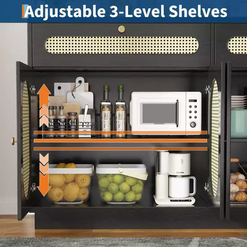 Buffet en rotin de 152 cm avec 2 tiroirs et 4 portes en rotin