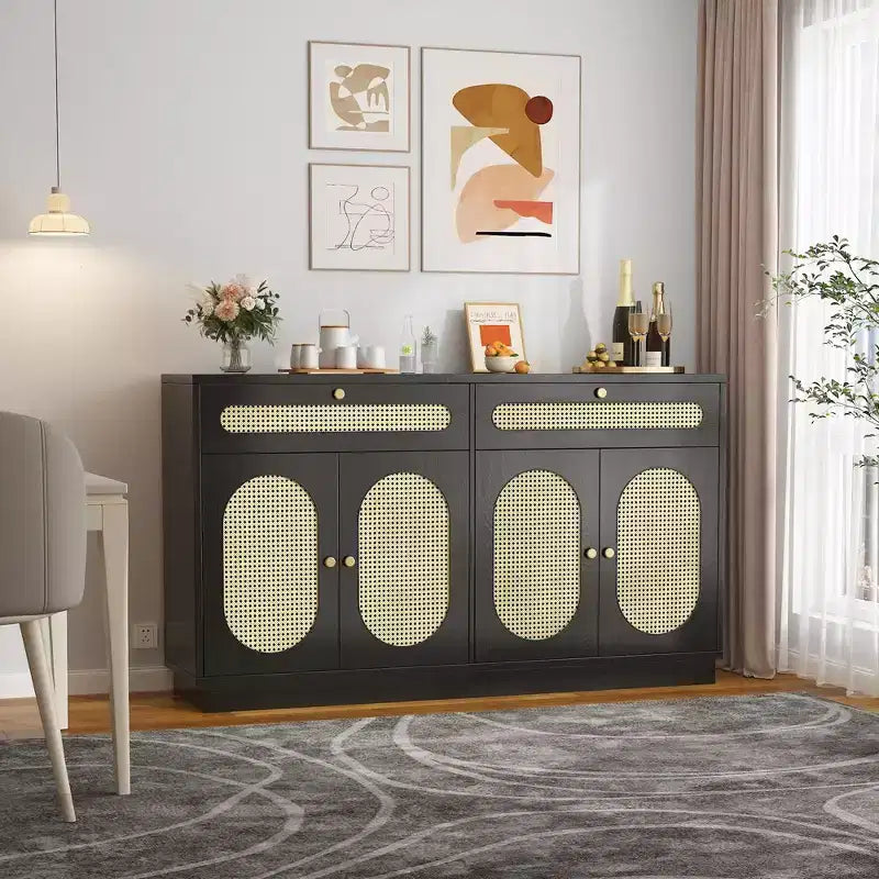 Buffet en rotin de 152 cm avec 2 tiroirs et 4 portes en rotin