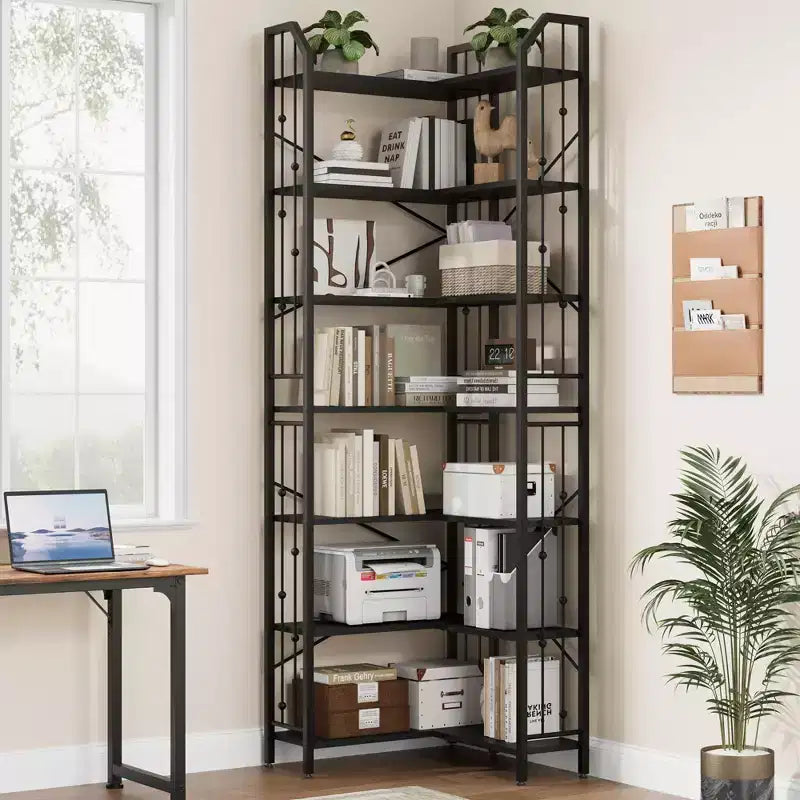 Corner Bookshelf 86 l Shaped Bookcase, Corner Bookshelves Industrial Bookcase 7 Tier l-Shape Bookshelf, Large Bookcases with Beaded Design
