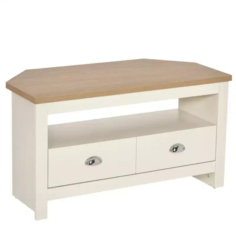 Corner TV Stand for TVs up to 50 with Drawers and Open Storage Shelf