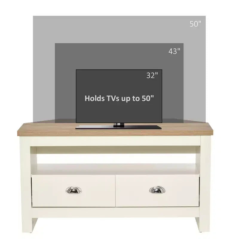 Meuble TV d'angle pour téléviseurs jusqu'à 50 pouces avec tiroirs et étagère de rangement ouverte