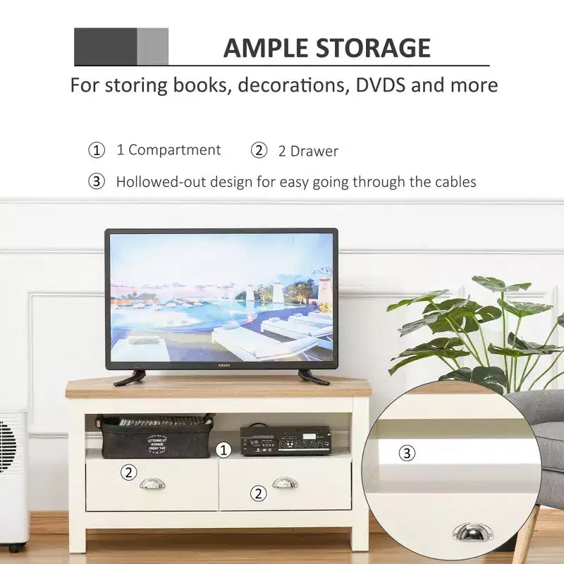 Meuble TV d'angle pour téléviseurs jusqu'à 50 pouces avec tiroirs et étagère de rangement ouverte