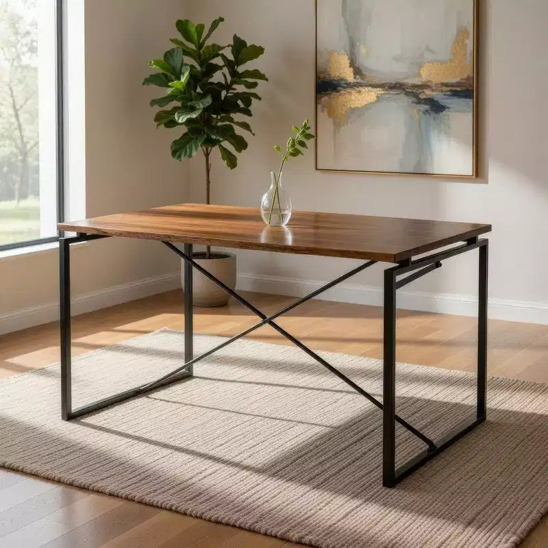 Royal Hampton Wooden Dining Table with X Shape Metal Base, Black and Brown