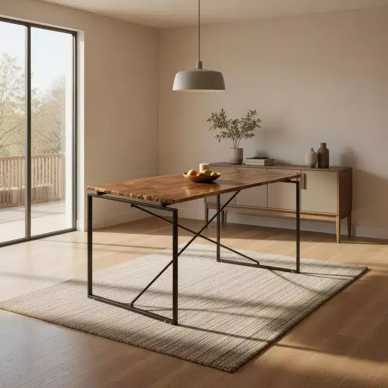 Table à manger en bois avec piètement en métal en X, noir et marron