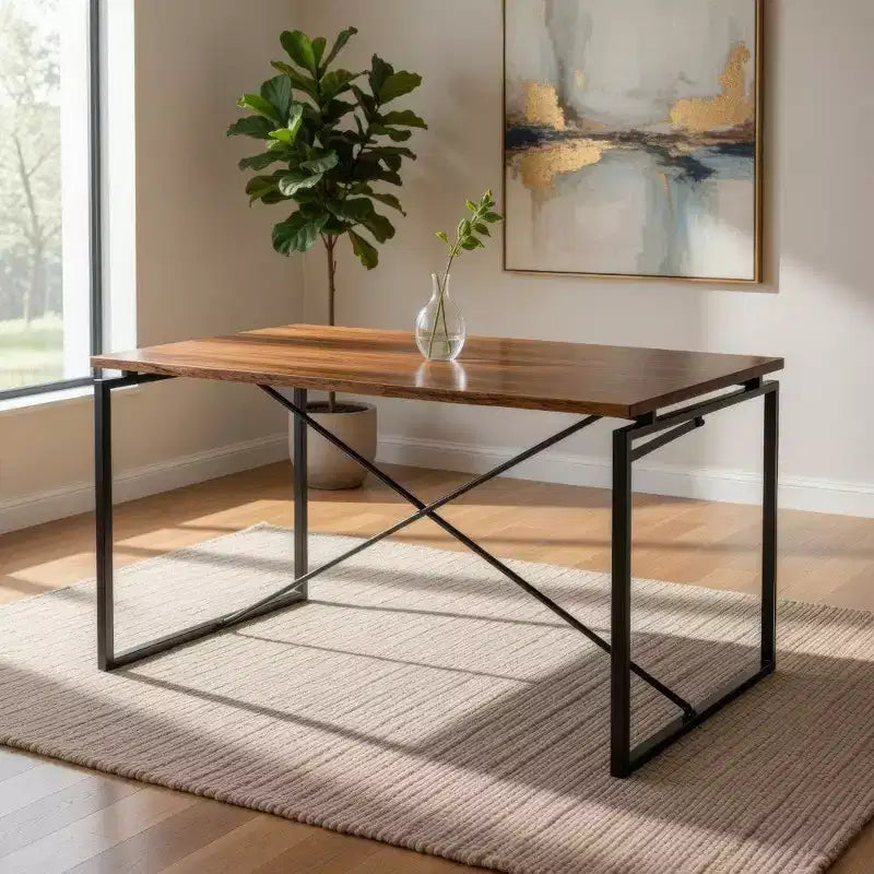 Table à manger en bois avec piètement en métal en X, noir et marron