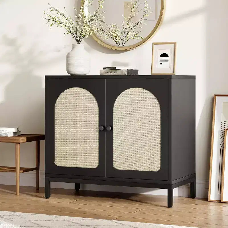 Rattan Buffet Cabinet with Storage Doors and Adjustable Shelf for Living Room and Hallway