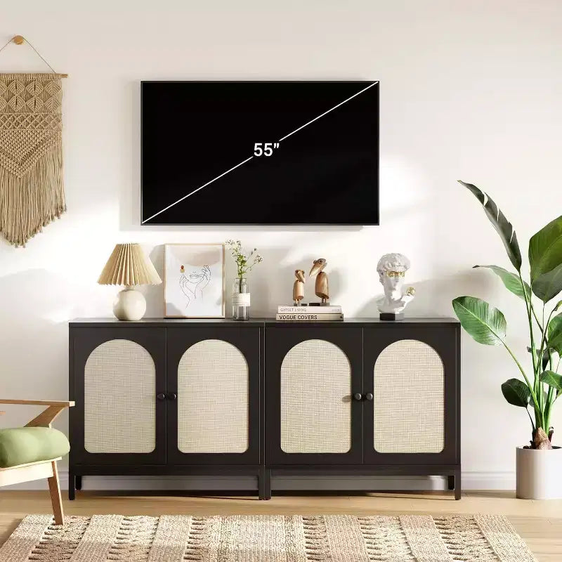 Buffet en rotin avec portes de rangement et étagère réglable
