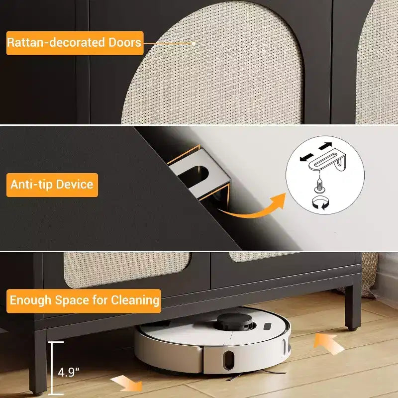 Buffet en rotin avec portes de rangement et étagère réglable