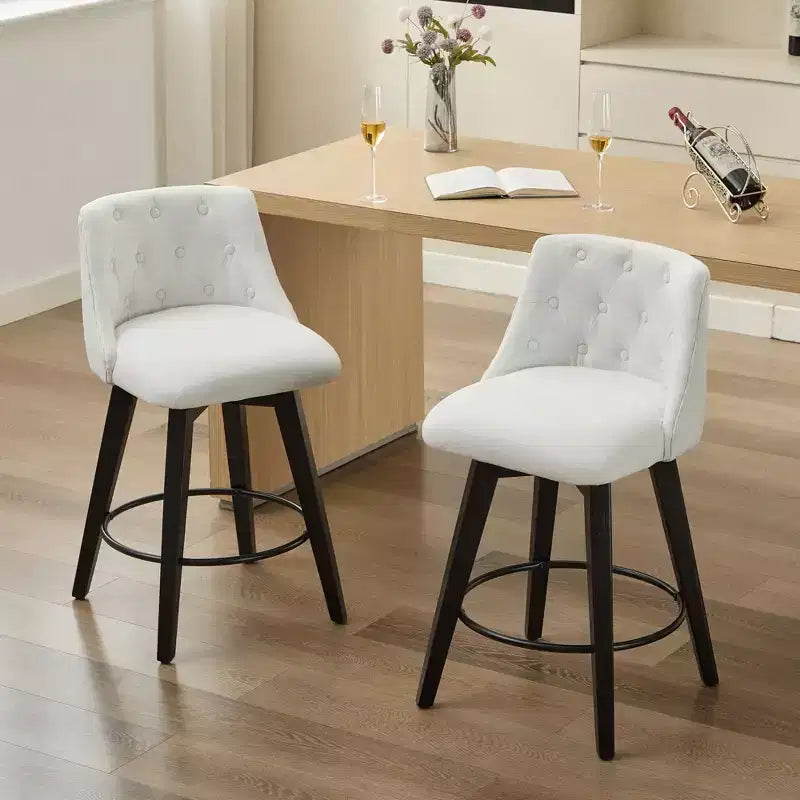 MAYEERTY White 360 Swivel Bar Stools (Set of 2) - Button Tufted Linen-Blend for Kitchen Island