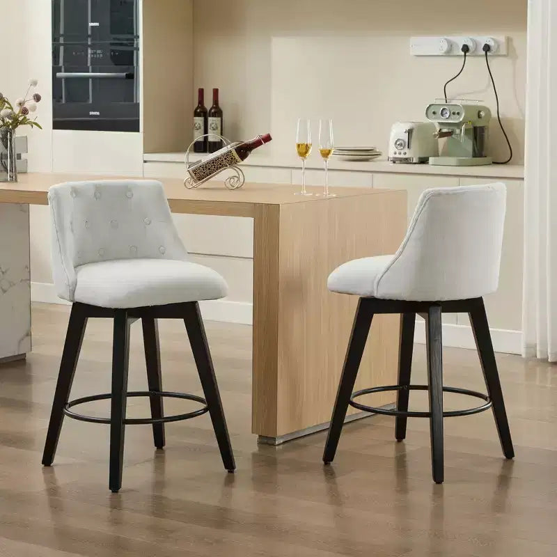 Tabourets de bar pivotants blancs 360° en mélange de lin capitonné pour îlot de cuisine