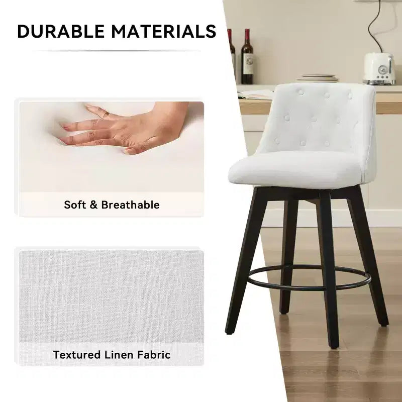 Tabourets de bar pivotants blancs 360° en mélange de lin capitonné pour îlot de cuisine