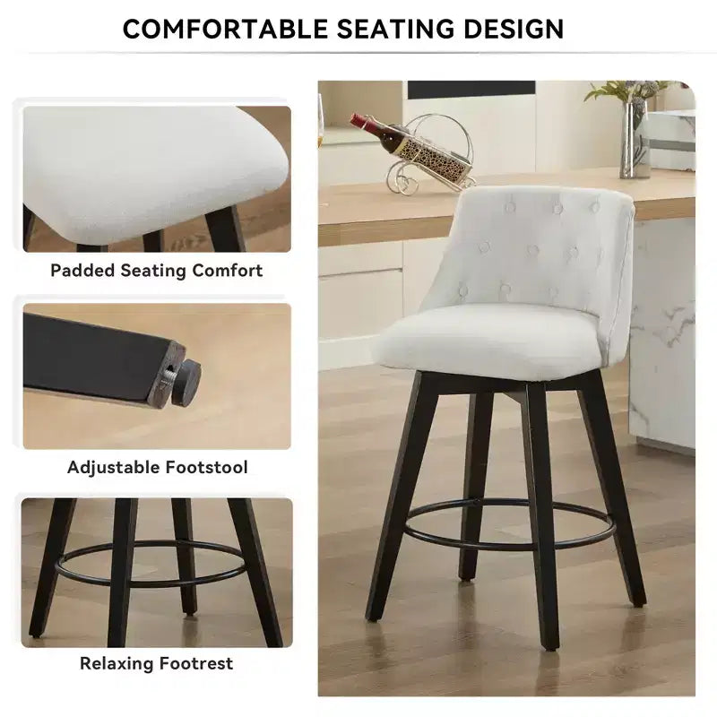 Tabourets de bar pivotants blancs 360° en mélange de lin capitonné pour îlot de cuisine