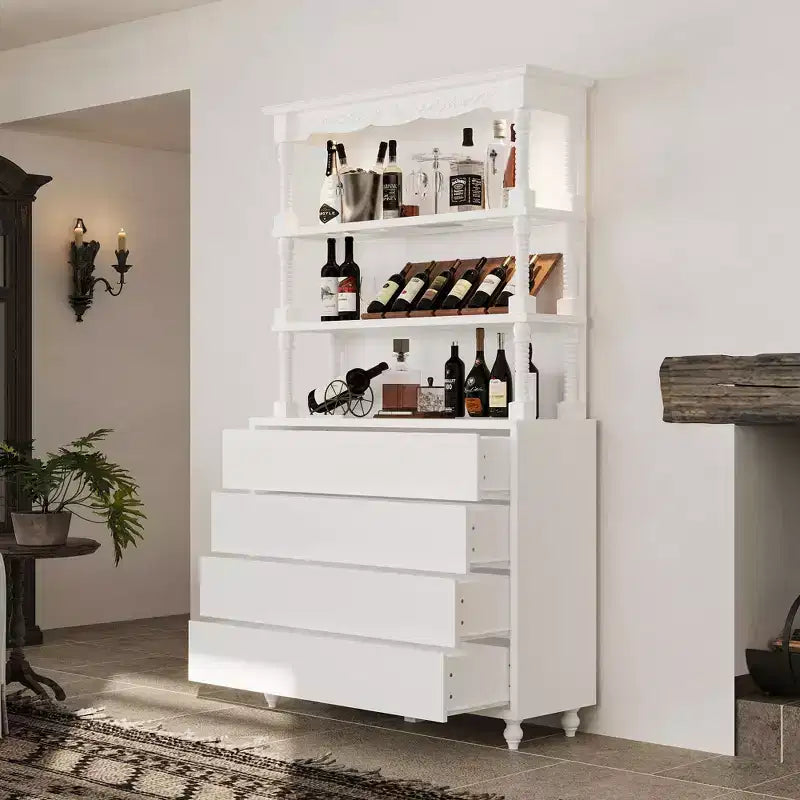 Famapy White Vintage Liquor Cabinet with Tempered Glass Shelves,4 Drawers & LED Lighting Wine Rack,Multi-Storage Bar Cabinet & Display Unit
