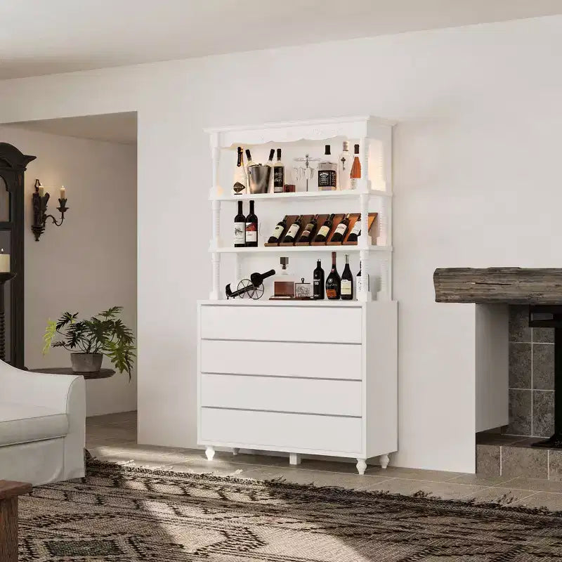 Meuble Bar Vintage Blanc avec Étagères en Verre Trempé