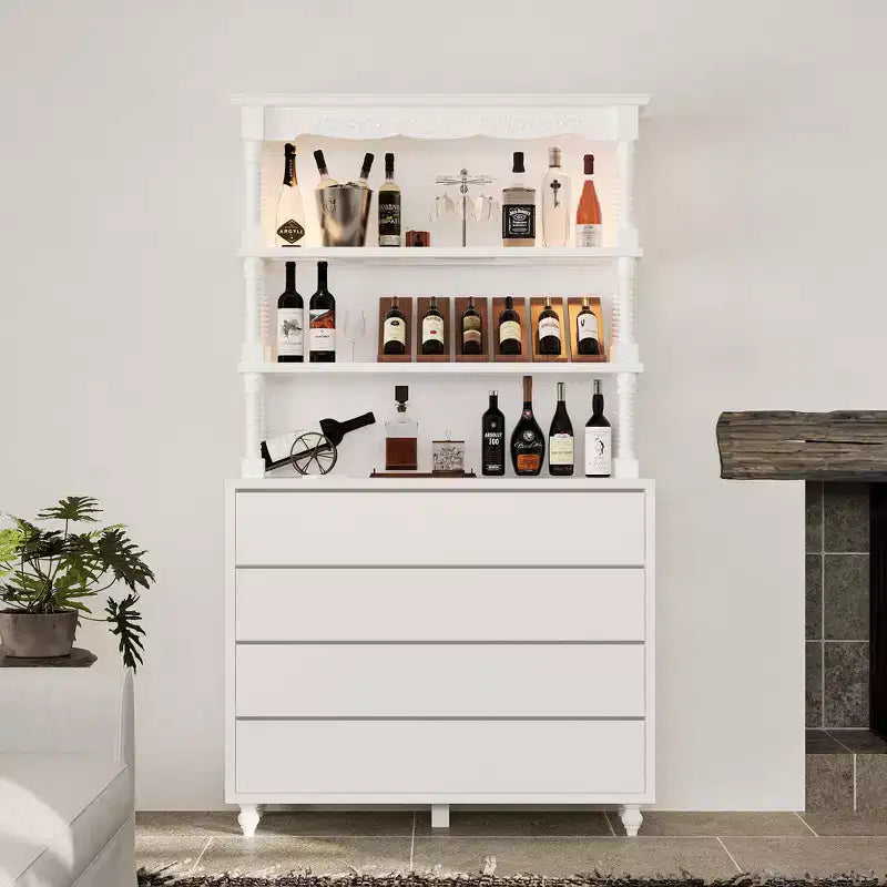 Meuble Bar Vintage Blanc avec Étagères en Verre Trempé