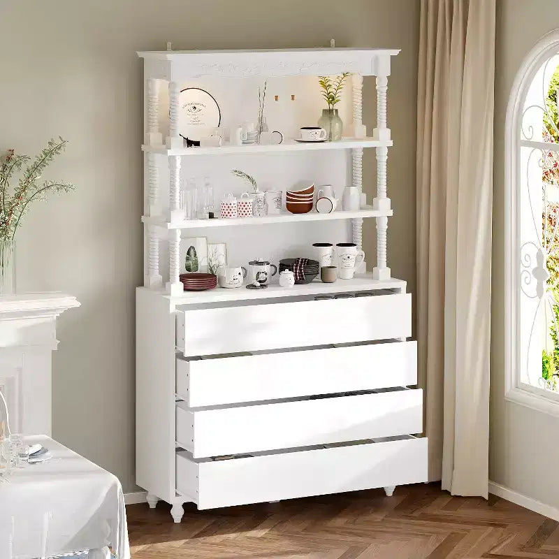 Meuble Bar Vintage Blanc avec Étagères en Verre Trempé