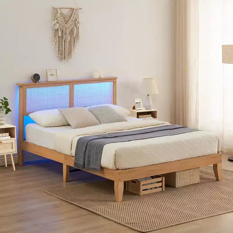 Wood Bed Frame with Lights, Natural Rattan Headboard, Solid Wood Foundation with Silent Slats, No Box Spring Needed, Easy Assembly