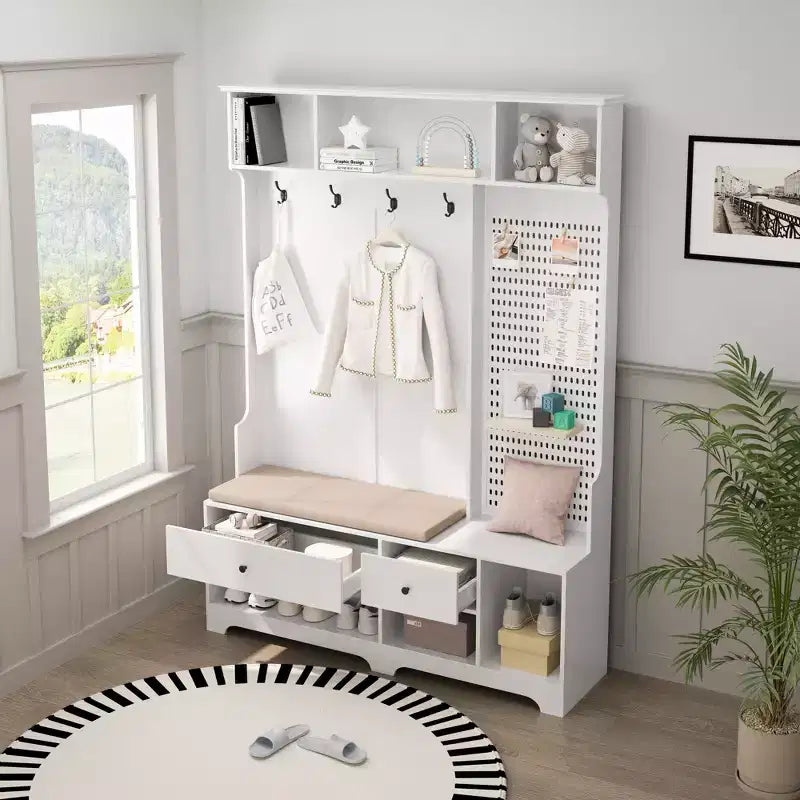 Meuble d'entrée multifonctionnel avec banc rembourré en lin amovible et porte-manteau