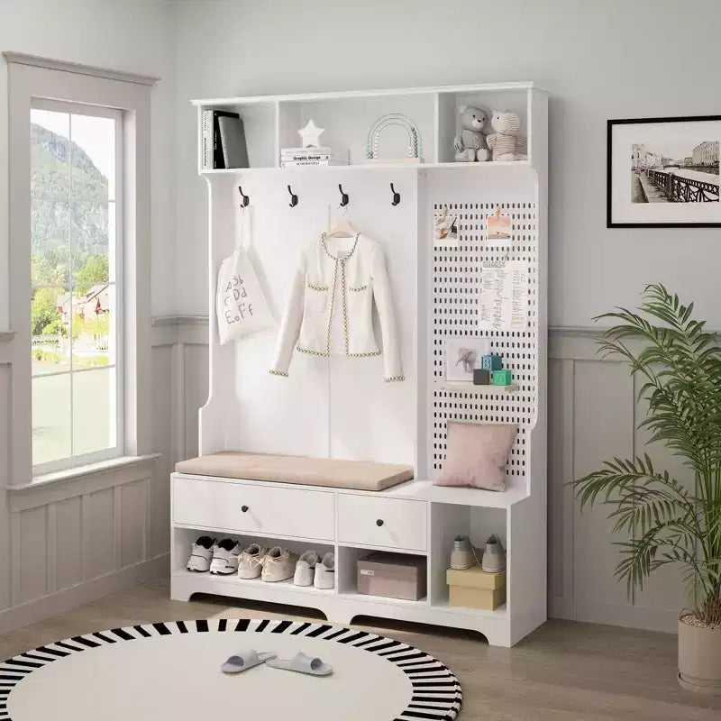 Meuble d'entrée multifonctionnel avec banc rembourré en lin amovible et porte-manteau