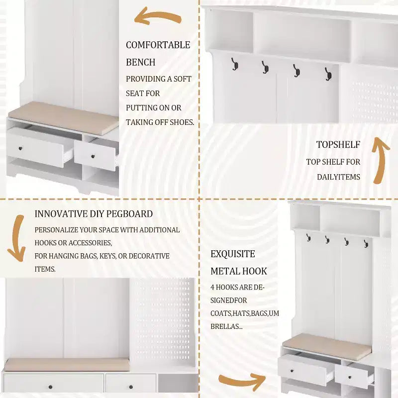 Meuble d'entrée multifonctionnel avec banc rembourré en lin amovible et porte-manteau