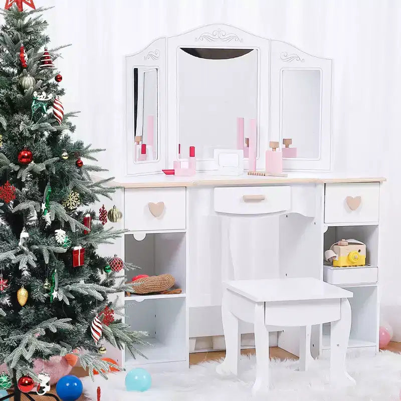 Table de maquillage pour enfants avec tabouret, 3 tiroirs et miroir