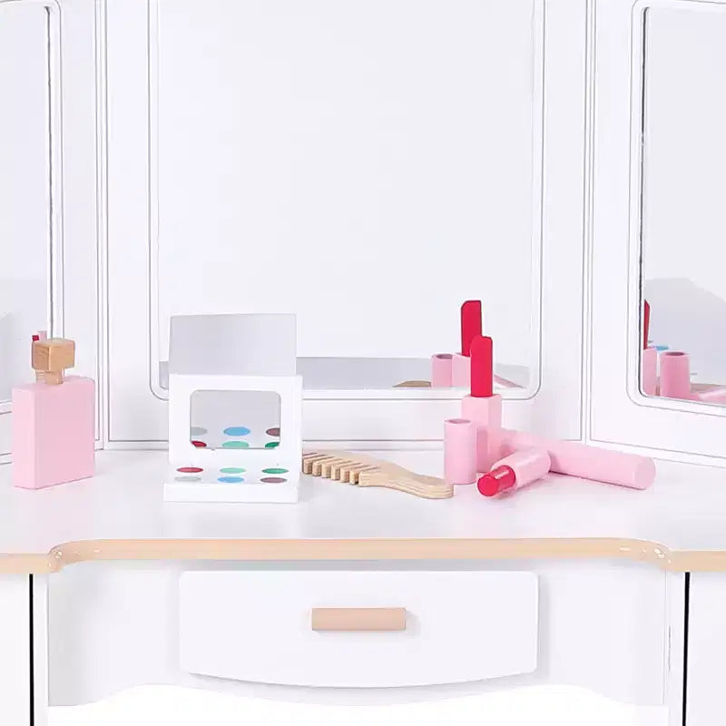 Table de maquillage pour enfants avec tabouret, 3 tiroirs et miroir