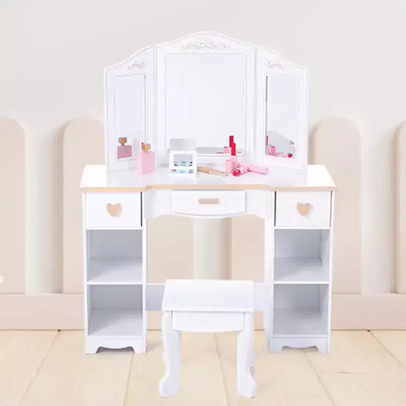 Table de maquillage pour enfants avec tabouret, 3 tiroirs et miroir