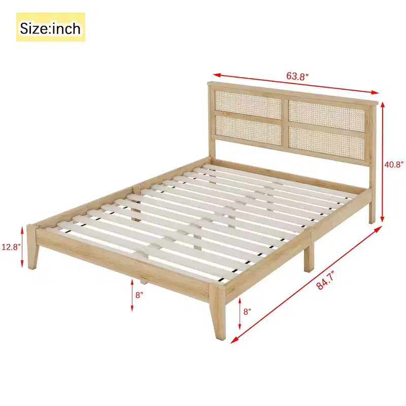 Lit Queen Size en Bois d'Hévéa avec Tête de Lit en Rotin et Pieds de Support