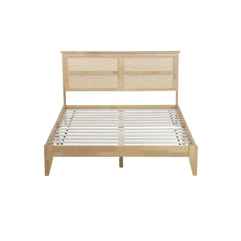 Lit Queen Size en Bois d'Hévéa avec Tête de Lit en Rotin et Pieds de Support