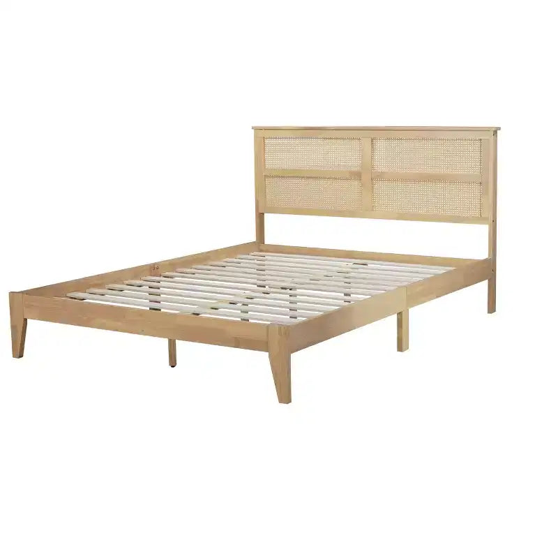 Lit Queen Size en Bois d'Hévéa avec Tête de Lit en Rotin et Pieds de Support