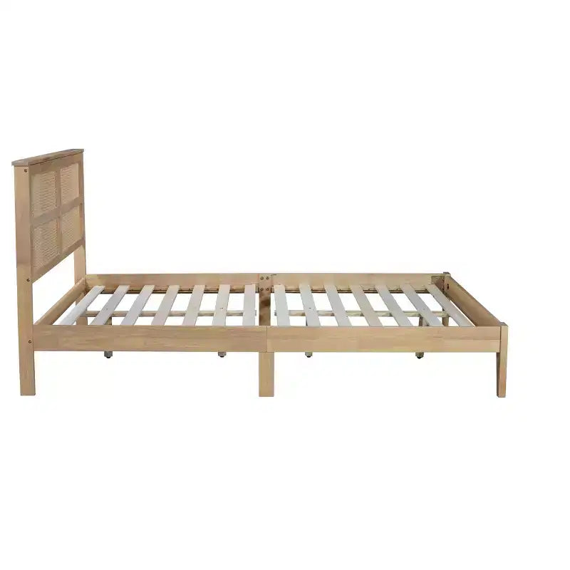 Lit Queen Size en Bois d'Hévéa avec Tête de Lit en Rotin et Pieds de Support