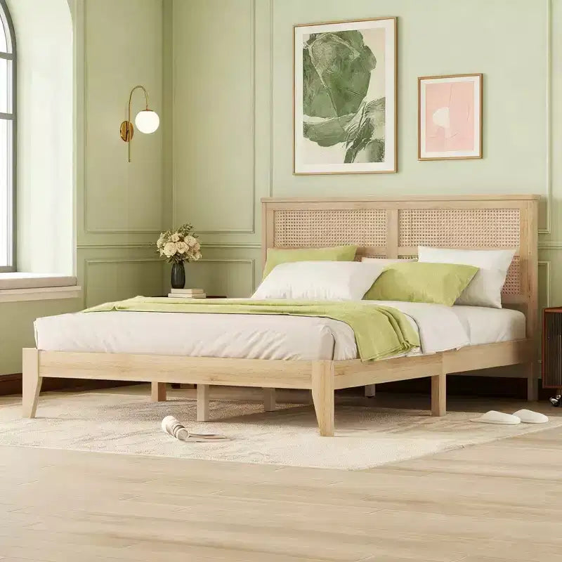 Lit Queen Size en Bois d'Hévéa avec Tête de Lit en Rotin et Pieds de Support