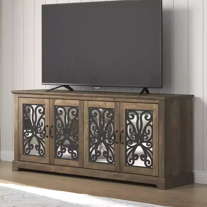 Meuble TV avec portes miroir et rangement dissimulé 68,2 L x 17,2 P x 29,3 H