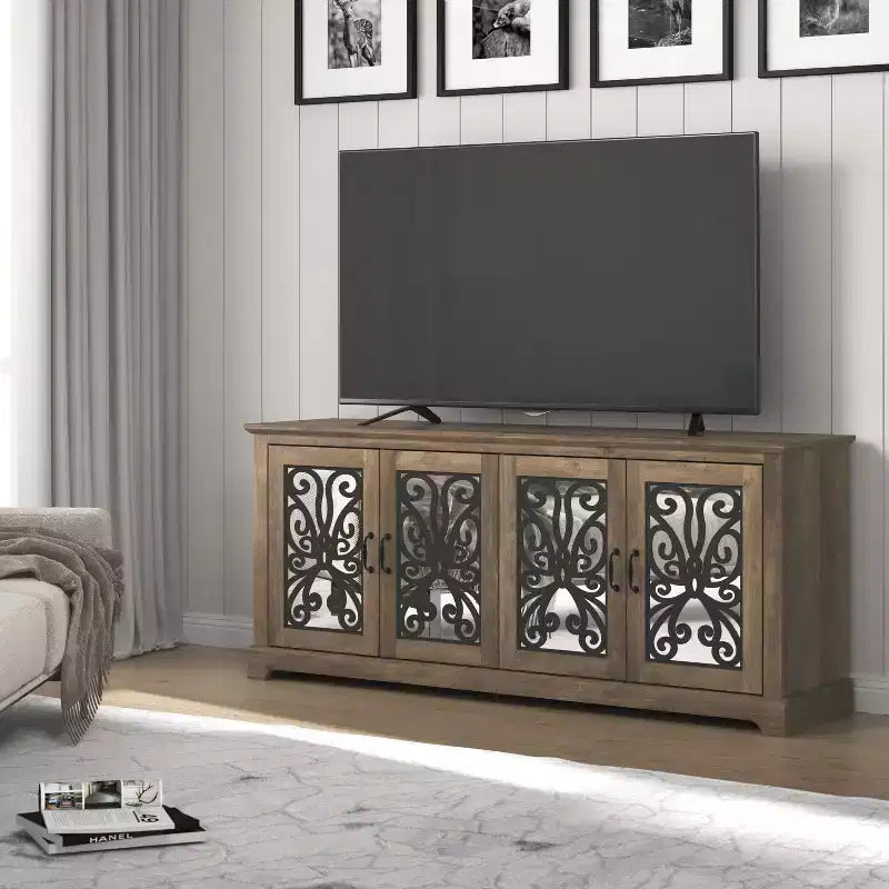 Meuble TV avec portes miroir et rangement dissimulé 68,2 L x 17,2 P x 29,3 H
