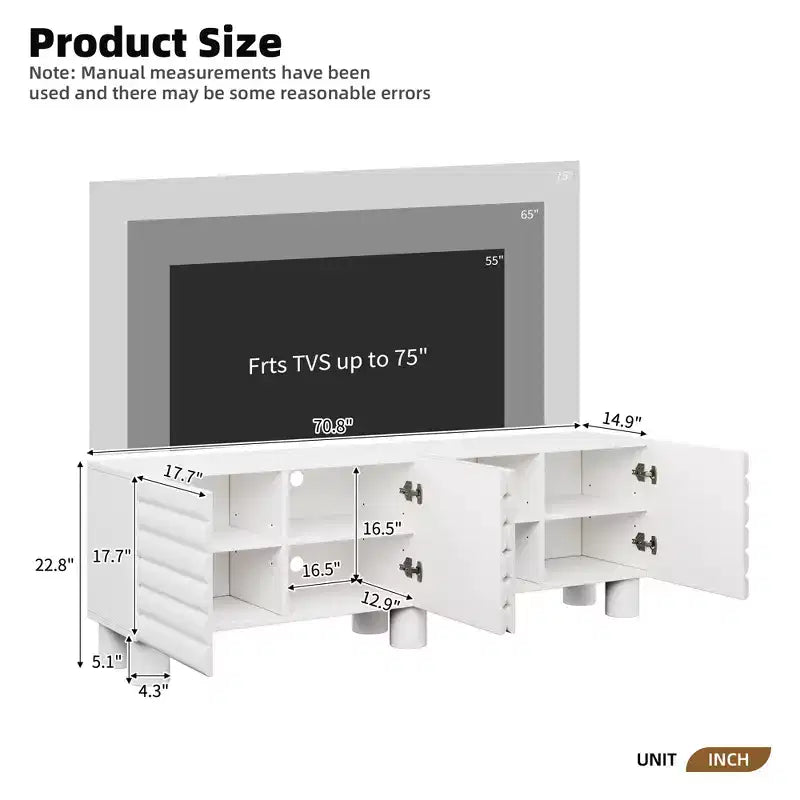Meuble TV moderne avec rangement pour téléviseur de 75 pouces, console média solide avec étagères réglables