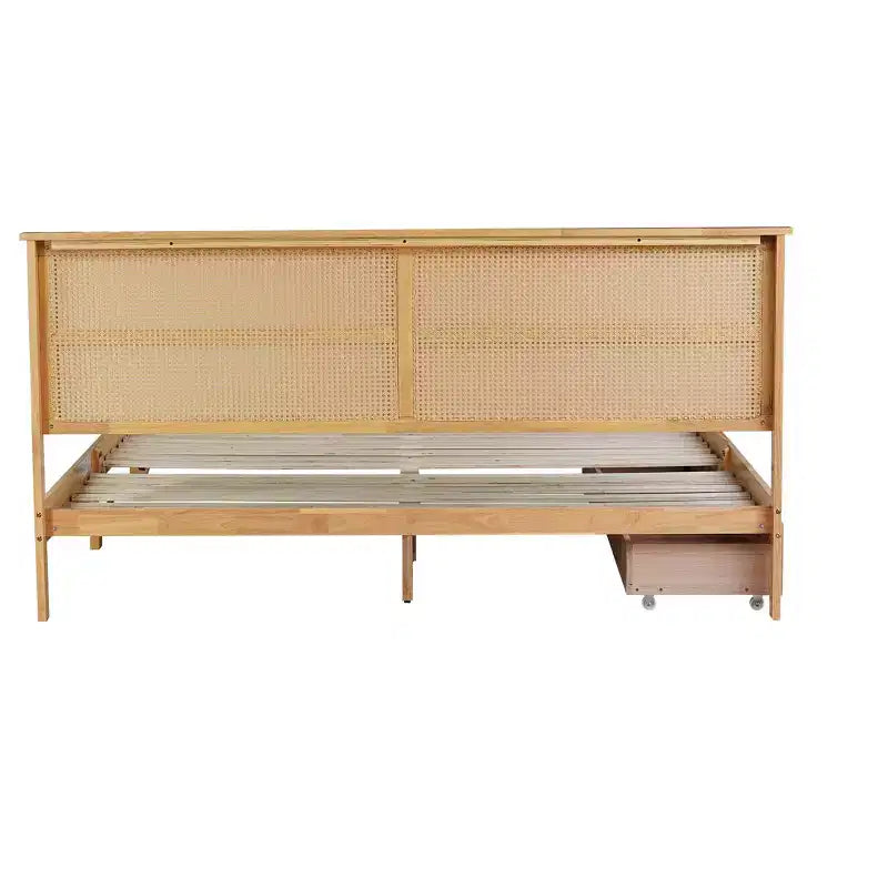 Lit King Size avec Tête de Lit en Rotin, 2 Tiroirs de Rangement