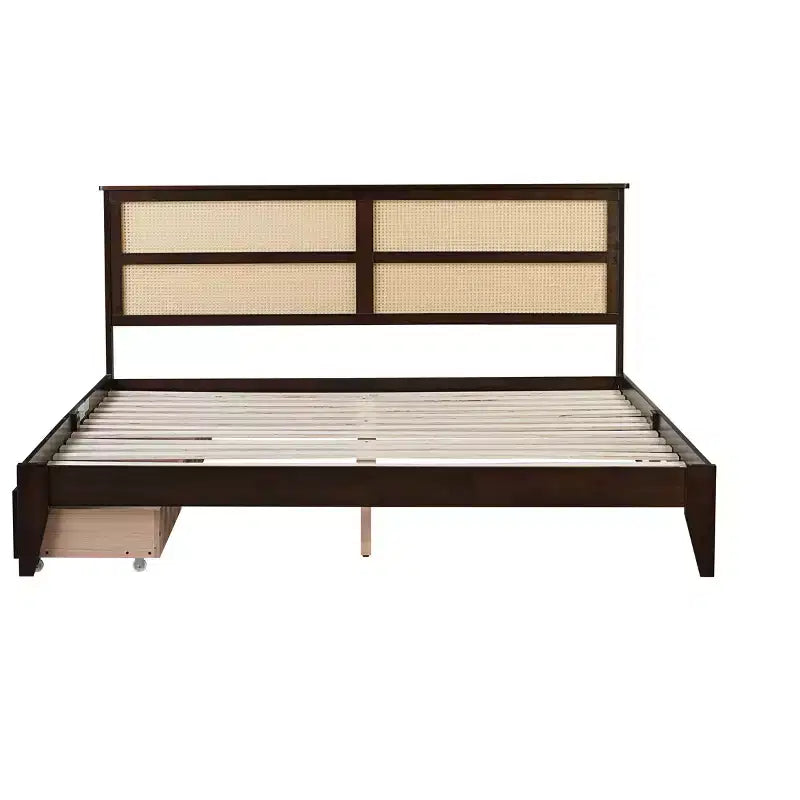 Lit King Size avec Tête de Lit en Rotin, 2 Tiroirs de Rangement