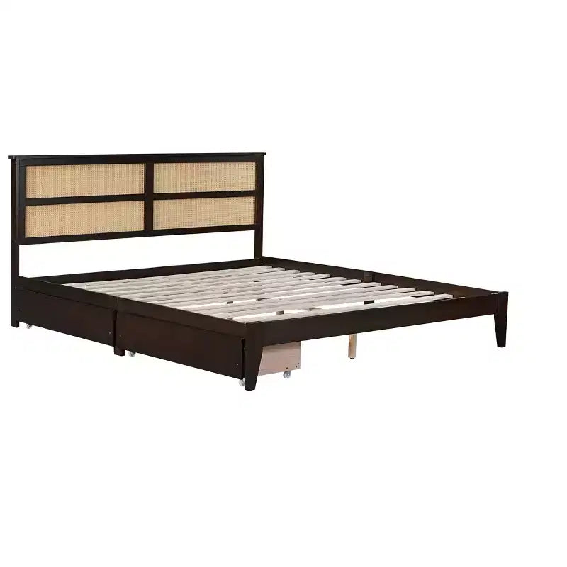 Lit King Size avec Tête de Lit en Rotin, 2 Tiroirs de Rangement