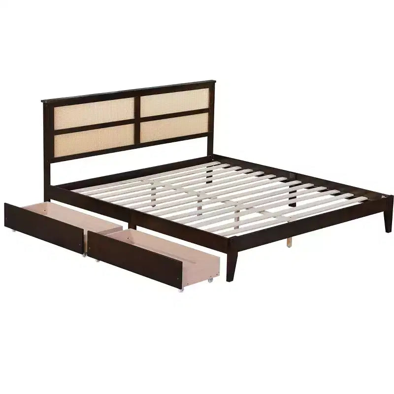 Lit King Size avec Tête de Lit en Rotin, 2 Tiroirs de Rangement