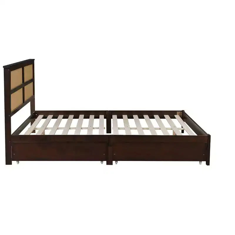 Lit King Size avec Tête de Lit en Rotin, 2 Tiroirs de Rangement