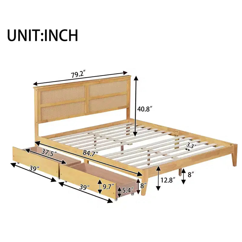 Lit King Size avec Tête de Lit en Rotin, 2 Tiroirs de Rangement