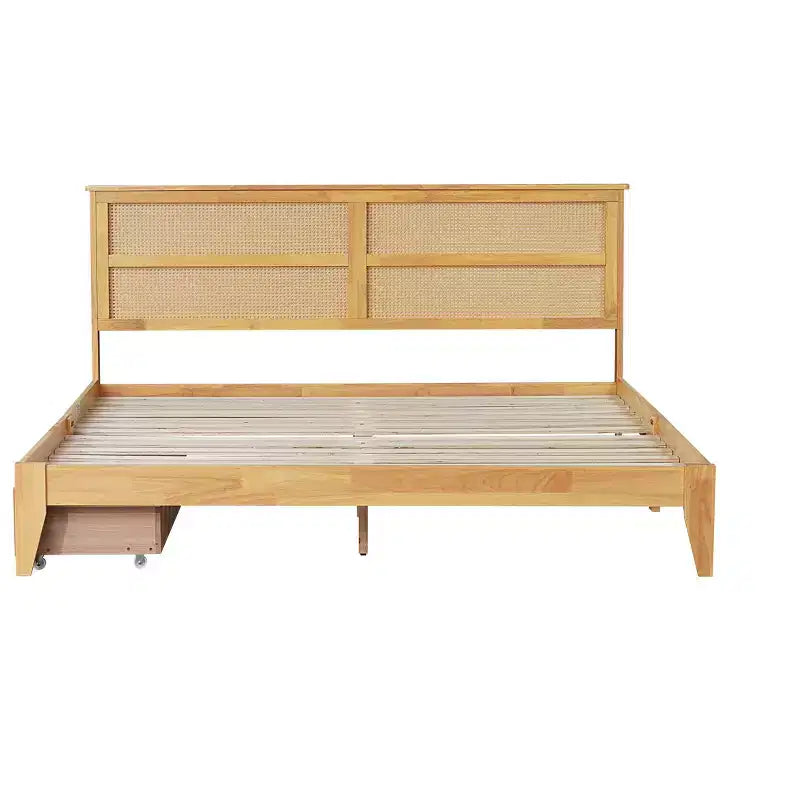 Lit King Size avec Tête de Lit en Rotin, 2 Tiroirs de Rangement