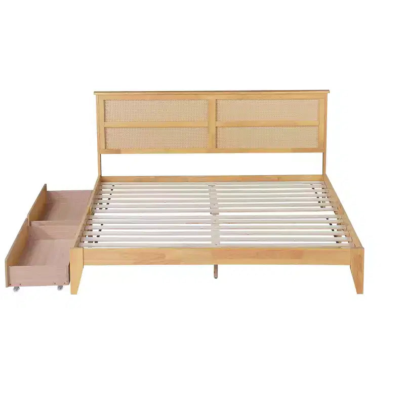 Lit King Size avec Tête de Lit en Rotin, 2 Tiroirs de Rangement