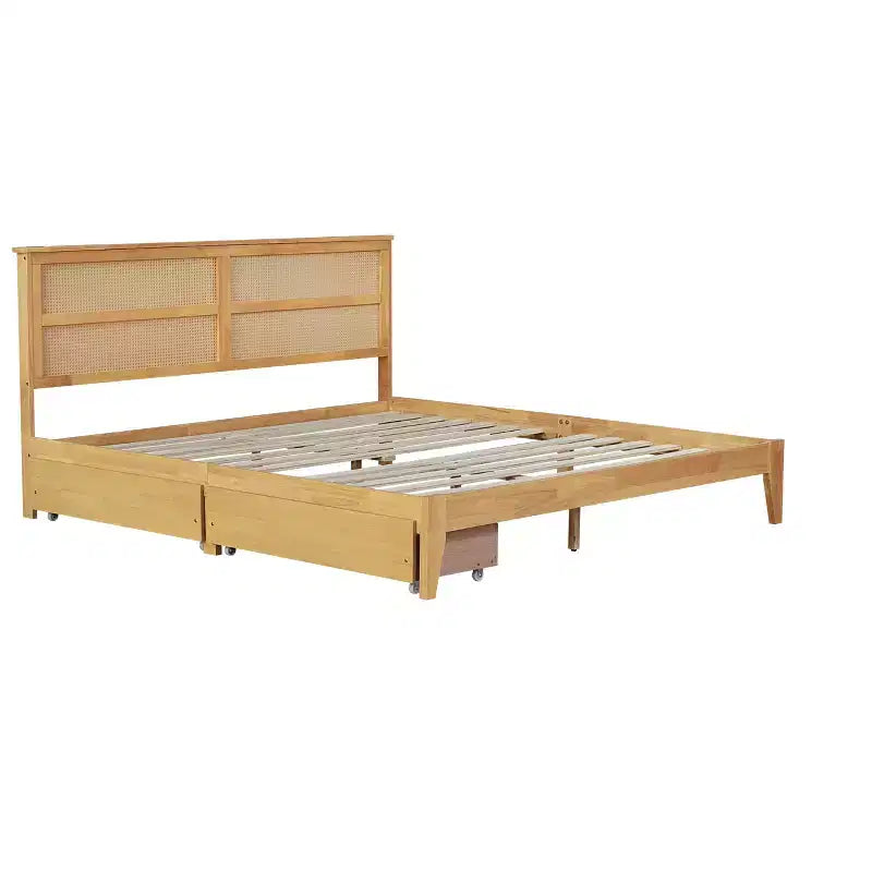 Lit King Size avec Tête de Lit en Rotin, 2 Tiroirs de Rangement
