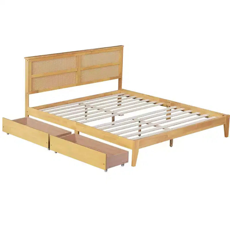 Lit King Size avec Tête de Lit en Rotin, 2 Tiroirs de Rangement